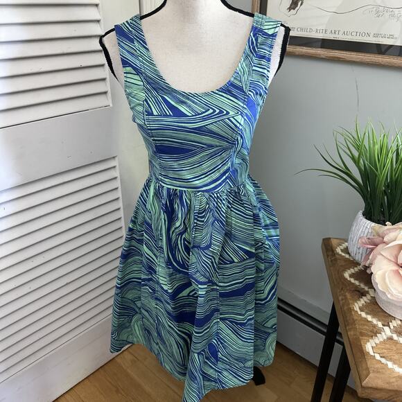 PLENTY TRACY REESE Womens 4 Blue Green Abstract Fit Flare Mini Summer Party - Picture 1 of 10